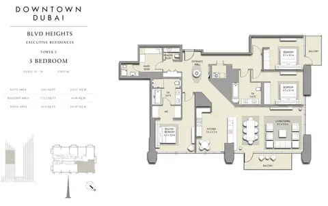 Plattegrond van 3 slaapkamers in BLVD Heights Executive Residences