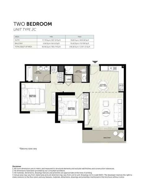 Plattegrond van 2 slaapkamers in Rawda II Apartments