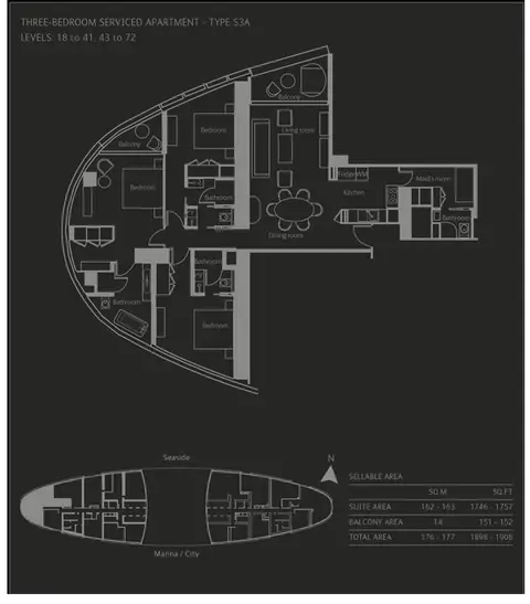 Plattegrond van 3 slaapkamers in The Address Residences
