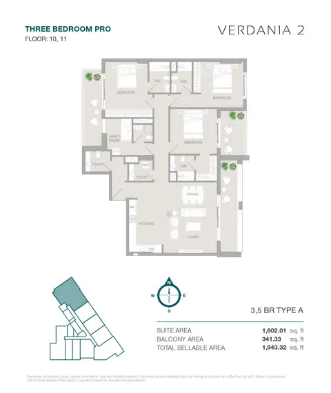Plattegrond van 3 slaapkamers in VERDANIA 2 at DLRC