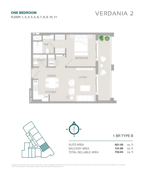 Plattegrond van 1 slaapkamer in VERDANIA 2 at DLRC