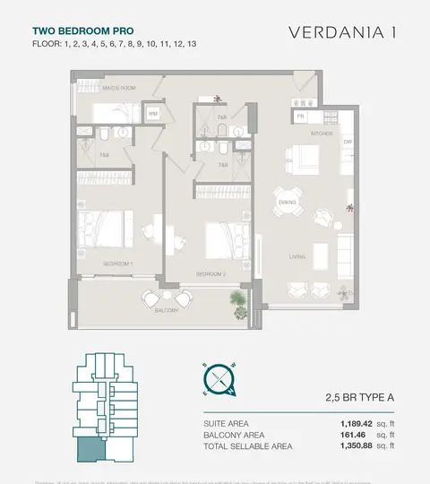 Plattegrond van 2 slaapkamers in VERDAN1A at DLRC