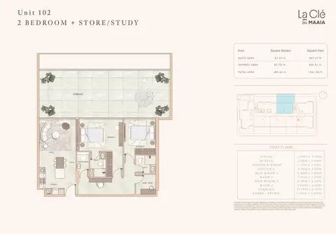 Plattegrond van 2 slaapkamers in La Cle at Al Furjan