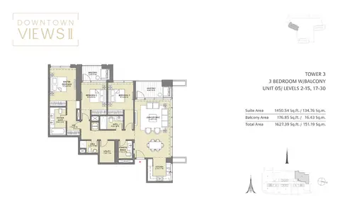Plattegrond van 3 slaapkamers in Downtown Views