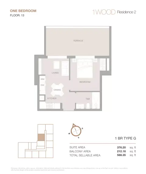 Plattegrond van 1 slaapkamer in 1WOOD Residence Phase 2 By Object 1
