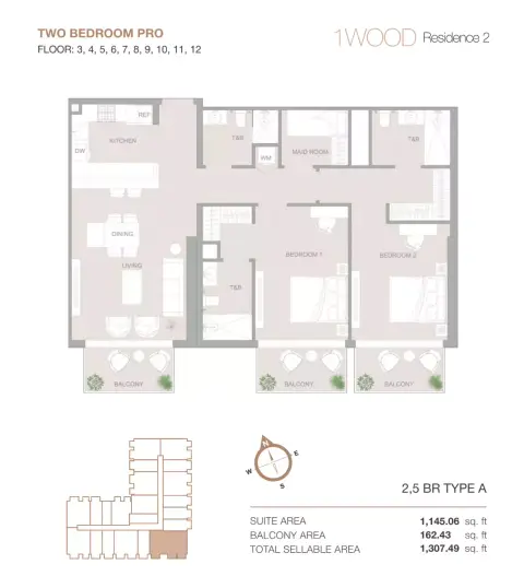 Plattegrond van 3 slaapkamers in 1WOOD Residence Phase 2 By Object 1