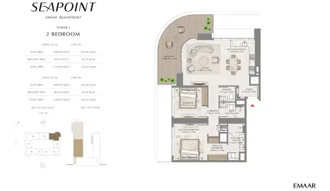 Plattegrond van 2 slaapkamers in Seapoint Emaar Beachfront