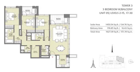 Plattegrond van 3 slaapkamers in Downtown Views II