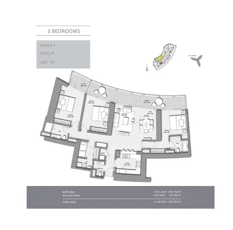 Plattegrond van 3 slaapkamers in Burj Vista
