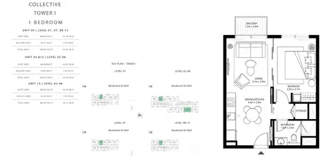 Plattegrond van 1 slaapkamer in Collective Tower