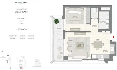 Plattegrond van 1 slaapkamer in Sunset at Creek Beach