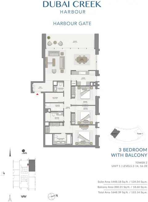 Plattegrond van 3 slaapkamers in Harbour Gate Apartments