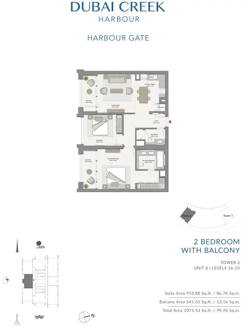 Plattegrond van 2 slaapkamers in Harbour Gate Apartments