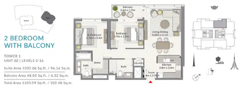 Plattegrond van 2 slaapkamers in Creek Rise Apartments