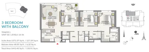 Plattegrond van 3 slaapkamers in Creek Rise Apartments