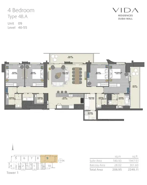 Plattegrond van 4 slaapkamers in Vida Dubai Mall