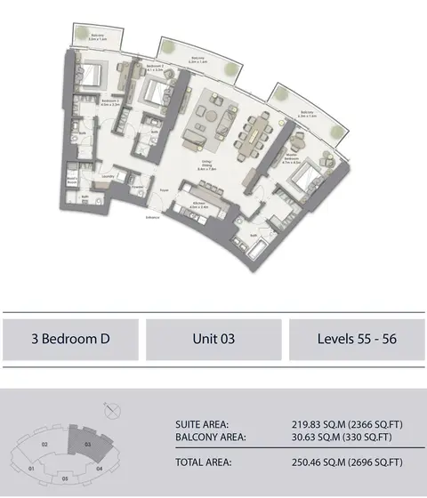 Plattegrond van 3 slaapkamers in Opera Grand
