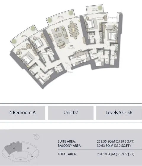 Plattegrond van 4 slaapkamers in Opera Grand