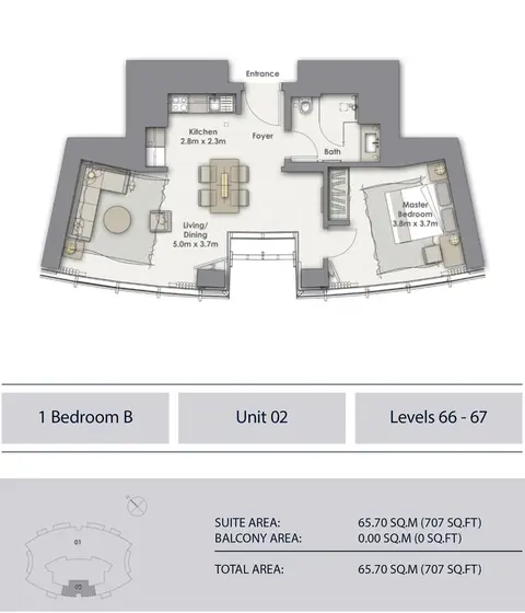Plattegrond van 1 slaapkamer in Opera Grand