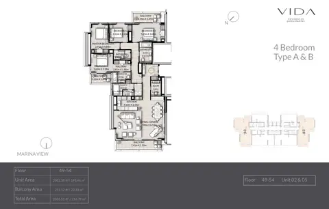 Plattegrond van 4 slaapkamers in Vida Residences Dubai Marina