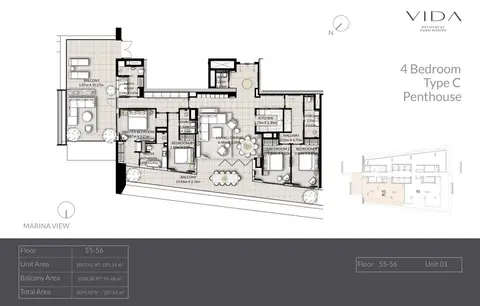 Plattegrond van 4 slaapkamers in Vida Residences Dubai Marina