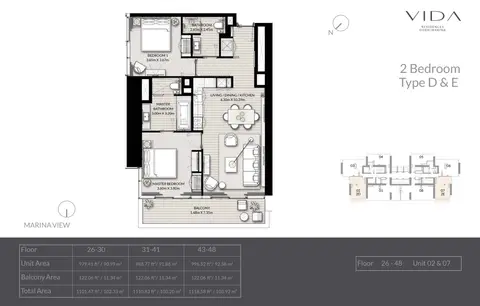 Plattegrond van 2 slaapkamers in Vida Residences Dubai Marina