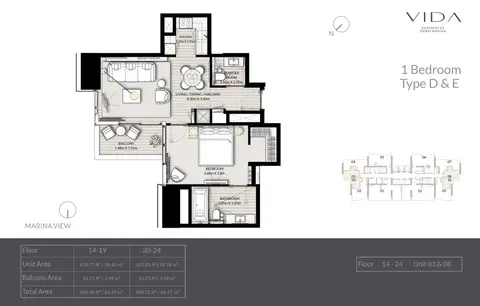 Plattegrond van 1 slaapkamer in Vida Residences Dubai Marina