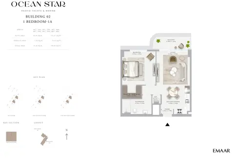 Plattegrond van 1 slaapkamer in Emaar Ocean Star Mina Rashid