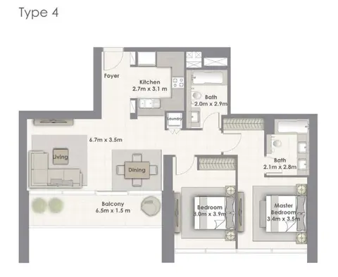 Plattegrond van 2 slaapkamers in Creekside 18