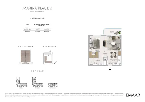 Plattegrond van 1 slaapkamer in Emaar Marina Place 2 Mina Rashid