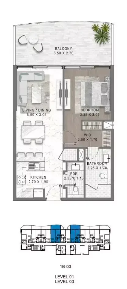 Plattegrond van 1 slaapkamer in Damac Lagoon - Lagoon Views 11