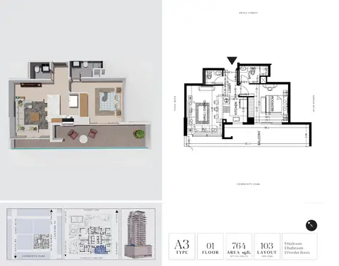 Plattegrond van 1 slaapkamer in 7 Park Central JVC