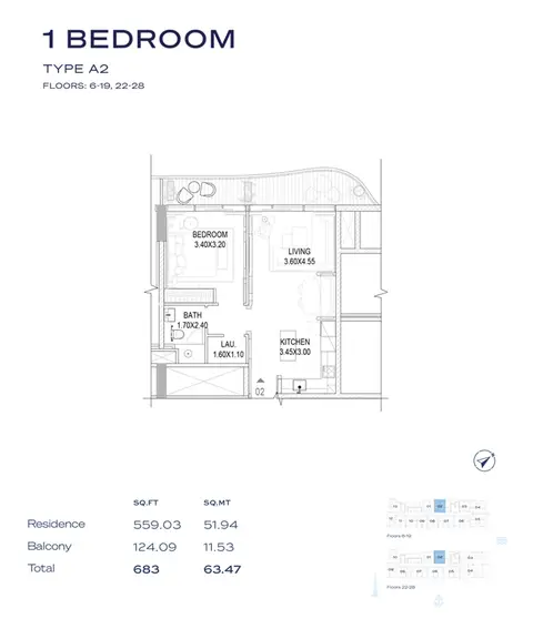 Plattegrond van 1 slaapkamer in The Pier Residence