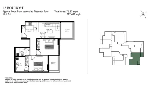 Plattegrond van 2 slaapkamers in La Boutique at Al Jaddaf Dubai