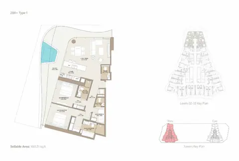 Plattegrond van 2 slaapkamers in Laguna Residence by ONE Development