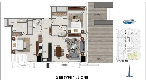 Plattegrond van 2 slaapkamers in J One Tower