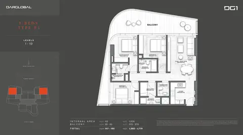 Plattegrond van 3 slaapkamers in DG1 Living Tower