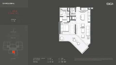 Plattegrond van 1 slaapkamer in DG1 Living Tower