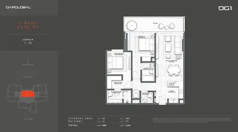 Plattegrond van 2 slaapkamers in DG1 Living Tower
