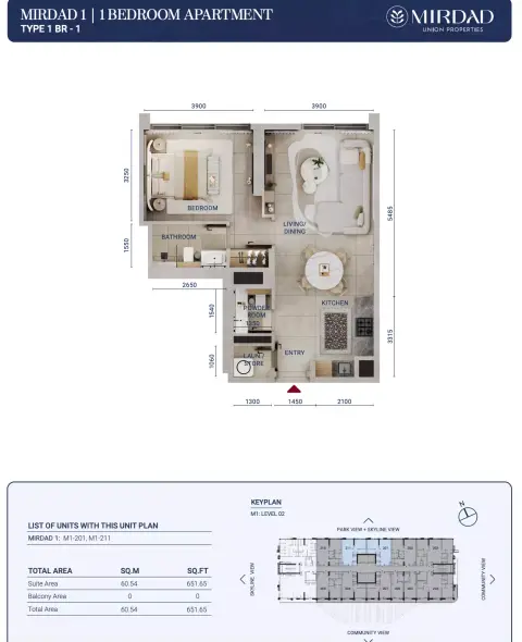 Plattegrond van 1 slaapkamer in Mirdad