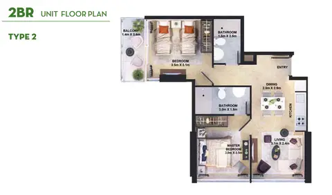 Plattegrond van 2 slaapkamers in Golf Vita Apartments