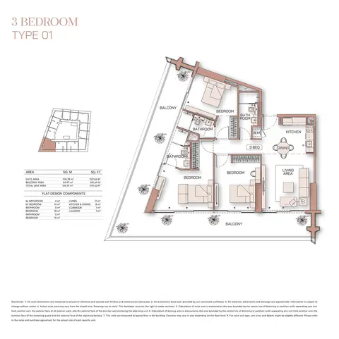 Plattegrond van 3 slaapkamers in Binghatti Pinnacle