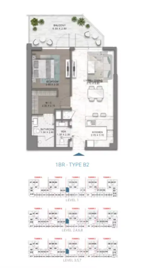 Plattegrond van 1 slaapkamer in Damac Riverside Views Azure 1