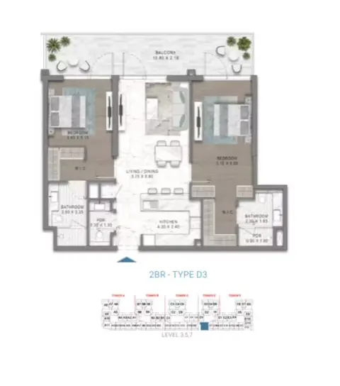 Plattegrond van 2 slaapkamers in Damac Riverside Views Azure 1