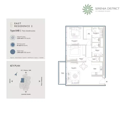 Plattegrond van 2 slaapkamers in East Residence 2 At Serenia District