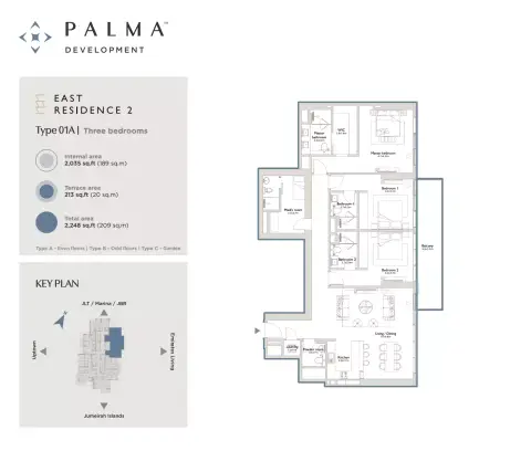 Plattegrond van 3 slaapkamers in East Residence 2 At Serenia District