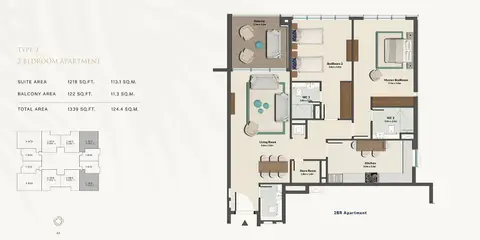 Plattegrond van 2 slaapkamers in Cresswell Residences at Dubai South