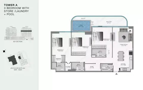 Plattegrond van 3 slaapkamers in Ocean Bay by Samana