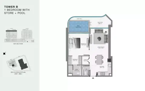 Plattegrond van 1 slaapkamer in Ocean Bay by Samana
