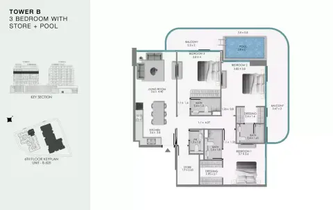 Plattegrond van 3 slaapkamers in Ocean Bay by Samana